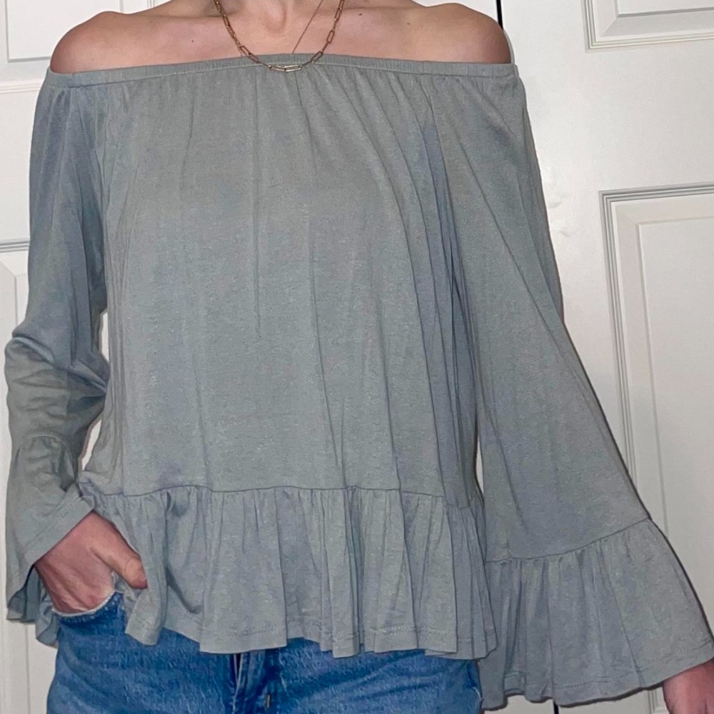 Sage Green/Grey Off the Shoulder Top with Bell Sleeves